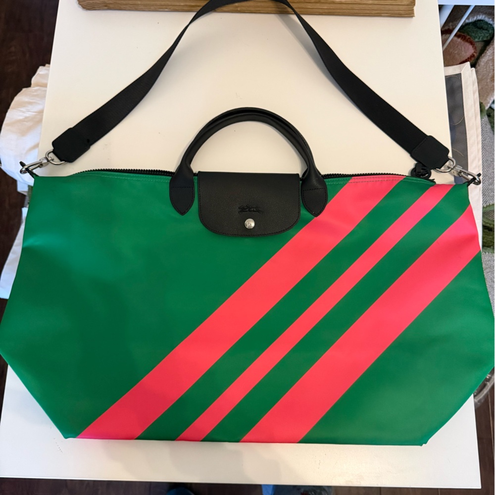 Longchamp Le Pliage Green & Pink Striped Travel Tote New With Tag